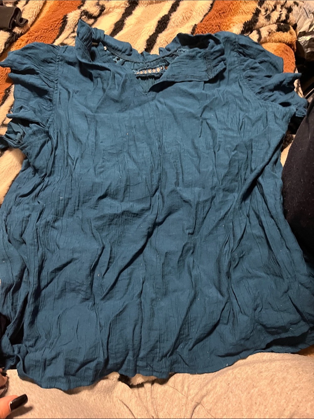 SHEIN Teal Ruffled Short-Sleeve Peasant Blouse